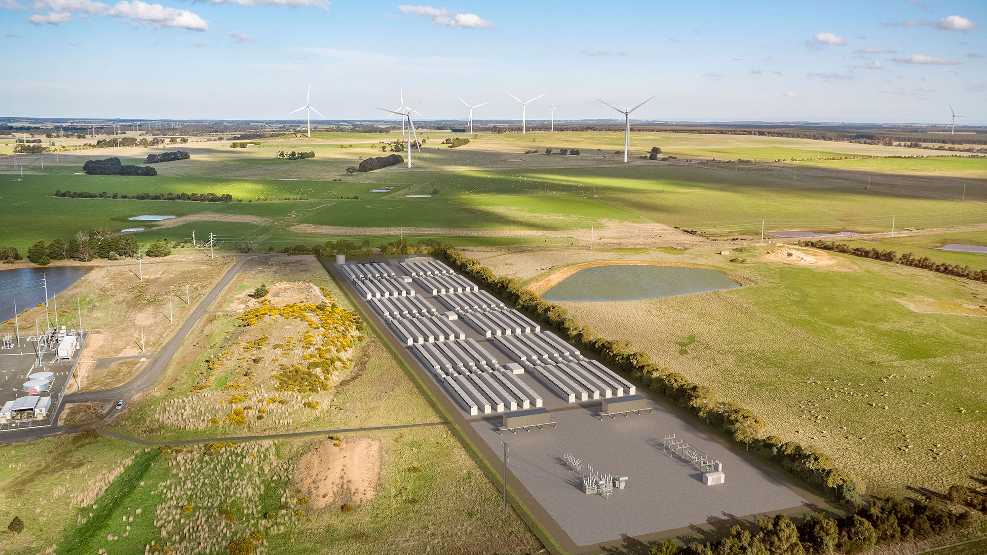 Elaine BESS by Akaysha Energy with wind turbines in the background, backed by Snowy Hydro’s 15-year agreement.
