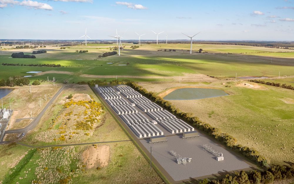 Elaine BESS by Akaysha Energy with wind turbines in the background, backed by Snowy Hydro’s 15-year agreement.