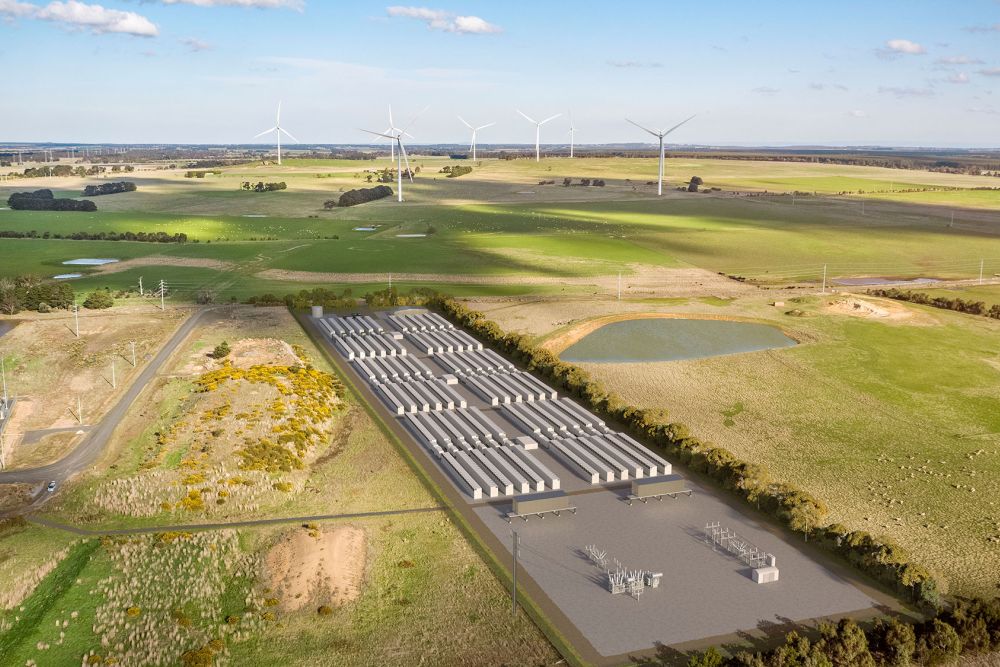Elaine BESS by Akaysha Energy with wind turbines in the background, backed by Snowy Hydro’s 15-year agreement.