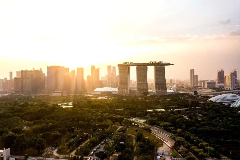 An aerial view of the Singapore CBD skyline at sunset